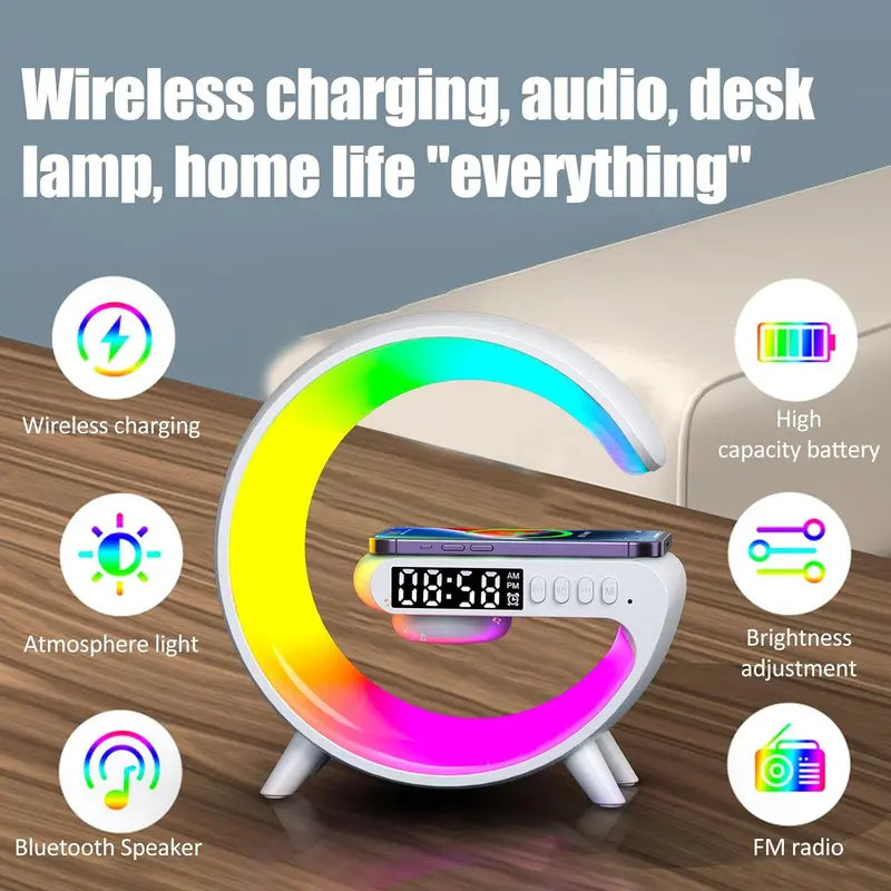 New Wireless Speaker Charger, Atmosphere Bedside Light with Wireless Charging Station,Music Lit Lamp 4 in 1 Alarm Clock & Bluetooth Speaker Christmas 2023 Gift Ideas (White)